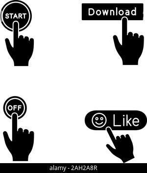 App buttons glyph icons set. Click. Start, download, turn off, like. Silhouette symbols. Vector isolated illustration Stock Vector
