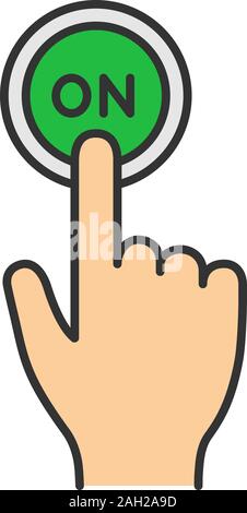 Turn on button click color icon. Power. Hand pressing button. Isolated vector illustration Stock Vector