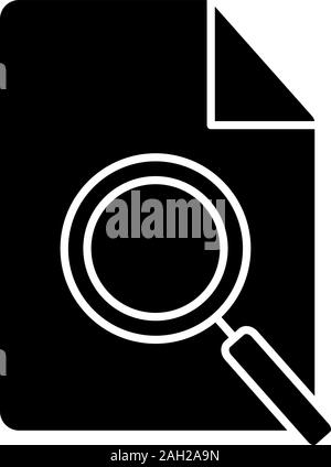 Find in page glyph icon. Data searching. File with magnifying glass. Find document. Silhouette symbol. Negative space. Vector isolated illustration Stock Vector