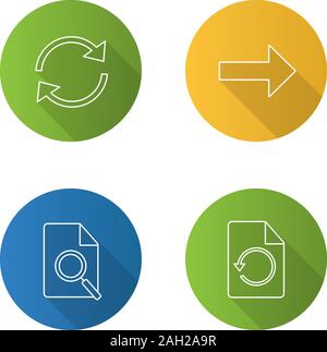 UI/UX flat linear long shadow icons set. Refresh arrow, next button, find in file, restore page. Vector outline illustration Stock Vector