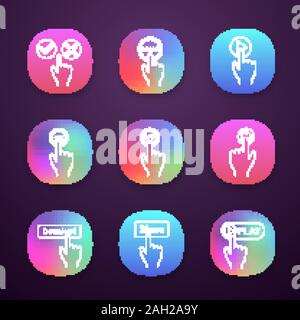 App buttons icons set. Click. Accept and decline, start, play, turn on and off, power, download, share, launch. UI/UX user interface. Web or mobile ap Stock Vector