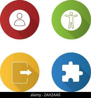 UI/UX flat design long shadow glyph icons set. User account, web accessibility, exit button, extension. Vector silhouette illustration Stock Vector