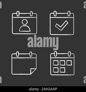 UI/UX chalk icons set. Calendars. Appointment, complete day, today, date range. Isolated vector chalkboard illustrations Stock Vector
