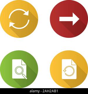 UI/UX flat design long shadow glyph icons set. Refresh arrow, next button, find in file, restore page. Vector silhouette illustration Stock Vector