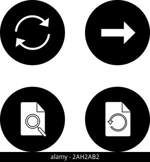 UI/UX glyph icons set. Refresh arrow, next button, find in file, restore page. Vector white silhouettes illustrations in black circles Stock Vector