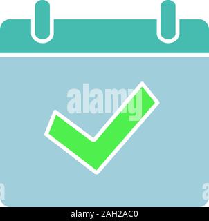 Available event glyph color icon. Calendar page with check mark. Schedule. Completed day. Silhouette symbol on white background with no outline. Negat Stock Vector