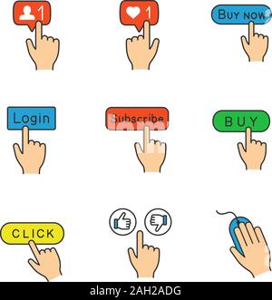 App buttons color icons set. Click. New follower, likes counter, buy now, login, subscribe, dislike and like, computer mouse. Isolated vector illustra Stock Vector