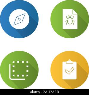 UI/UX flat design long shadow glyph icons set. Explore tool, bug report, flip to back button, assignment turned in. Vector silhouette illustration Stock Vector