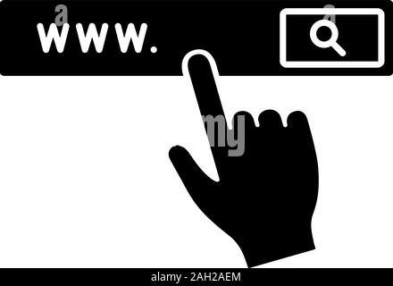 Search bar button glyph icon. Silhouette symbol. Negative space. Internet surfing. Internet browser. Hand pressing find button. Vector isolated illust Stock Vector
