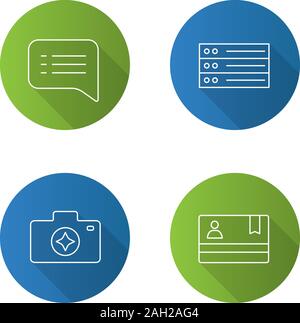 UI/UX flat linear long shadow icons set. Speech bubble, camera enhance, list, membership card. Vector outline illustration Stock Vector