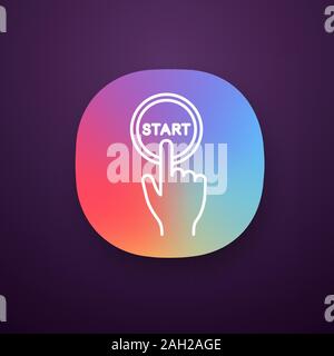 Start button click app icon. Launch. Hand pushing button. UI/UX user interface. Web or mobile applications. Vector isolated illustration Stock Vector