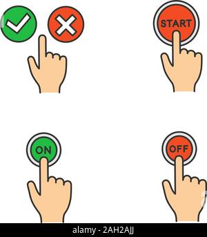 App buttons color icons set. Click. Accept and decline, start, turn on and off. Isolated vector illustrations Stock Vector