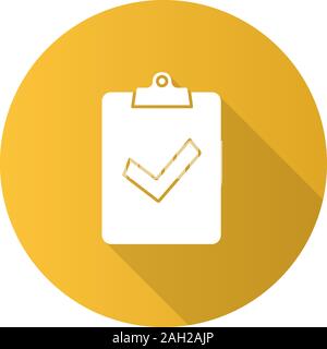 Assignment turned in flat design long shadow glyph icon. Successfully tested. Clipboard with check mark. Vector silhouette illustration Stock Vector