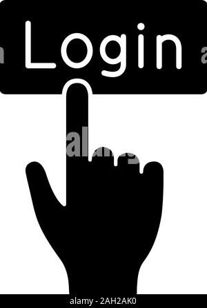 Login button click glyph icon. Silhouette symbol. Authorization. Hand pressing button. Negative space. Vector isolated illustration Stock Vector