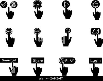 App buttons glyph icons set. Click. Social media interface. Webpage navigation. Silhouette symbols. Vector isolated illustration Stock Vector