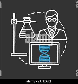 Science lab chalk concept icon. Microbiology idea. Study of microorganisms. Ring stand with flask, microbiologist, laboratory computer. Vector isolate Stock Vector