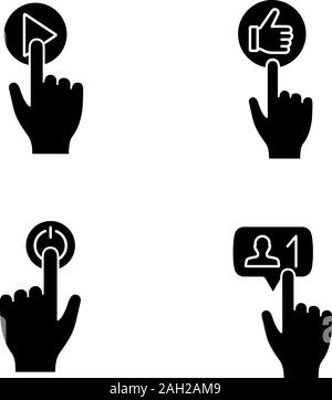 App buttons glyph icons set. Click. Play, like, power, new follower notification. Silhouette symbols. Vector isolated illustration Stock Vector