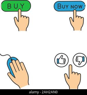 App buttons color icons set. Click. Buy, purchase, computer mouse, like and dislike. Isolated vector illustrations Stock Vector