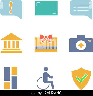 UI/UX glyph color icons set. Announcement, aspect ratio, chat, account balance, gift card, camera, dashboard, accessible, secured. Silhouette symbols Stock Vector