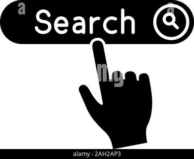 Search button click glyph icon. Silhouette symbol. Internet surfing. Hand pressing find button. Negative space. Vector isolated illustration Stock Vector