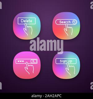 Click app icons set. Apps buttons. Search bar, delete, sign up. UI/UX user interface. Web or mobile applications. Vector isolated illustrations Stock Vector