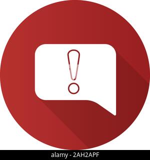 Announcement flat design long shadow glyph icon. Speech bubble with exclamation mark. System error message. Notification. Vector silhouette illustrati Stock Vector