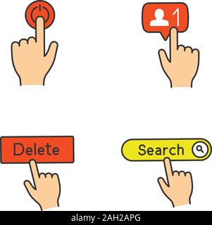 App buttons color icons set. Click. Power, new follower, delete, search. Isolated vector illustrations Stock Vector