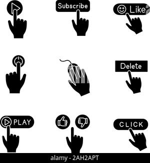 App buttons glyph icons set. Click. Play, subscribe, like, power, computer mouse, delete, play, thumbs up and down. Silhouette symbols. Vector isolate Stock Vector