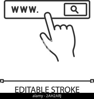 Search bar button linear icon. Thin line illustration. Internet surfing. Internet browser. Hand pressing find button. Contour symbol. Vector isolated Stock Vector
