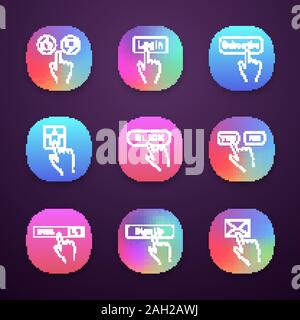 Click buttons icons set. Like and dislike, login, subscribe, add to favorite, yes or no, search bar, sign up, message. UI/UX user interface. Web or mo Stock Vector