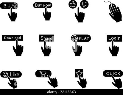 App buttons glyph icons set. Click. Social media interface. Webpage navigation. Silhouette symbols. Vector isolated illustration Stock Vector