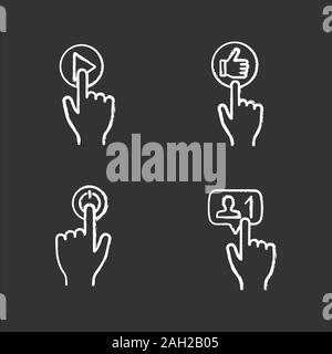 App buttons chalk icons set. Click. Play, like, power, new follower notification. Isolated vector chalkboard illustrations Stock Vector