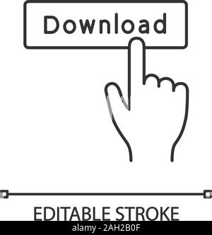 Download button click linear icon. Thin line illustration. Data receiving. Hand pressing button. Download app. Contour symbol. Vector isolated outline Stock Vector