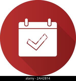 Available event flat design long shadow glyph icon. Calendar page with check mark. Schedule. Completed day. Vector silhouette illustration Stock Vector