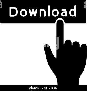 Download button click glyph icon. Silhouette symbol. Data receiving. Hand pressing button. Download app. Negative space. Vector isolated illustration Stock Vector