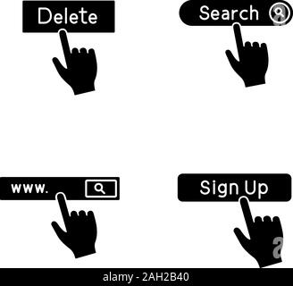 App buttons glyph icons set. Click. Search bar, delete, sign up. Silhouette symbols. Vector isolated illustration Stock Vector