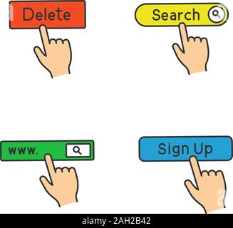 App buttons color icons set. Click. Apps buttons. Search bar, delete, sign up. Isolated vector illustrations Stock Vector