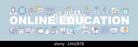 Online education word concepts banner. E-learning. IT technology Isolated lettering typography idea with linear icons. Machine learning. Freelance. In Stock Vector