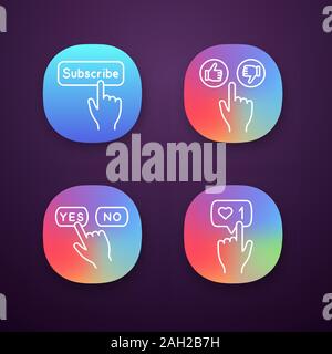 Click app icons set. Apps buttons. Subscribe, thumbs up and down, yes, no, like counter. UI/UX user interface. Web or mobile applications. Vector isol Stock Vector