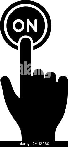 Turn on button click glyph icon. Silhouette symbol. Power. Hand pressing button. Negative space. Vector isolated illustration Stock Vector
