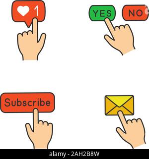 App buttons color icons set. Click. Likes counter, yes or no, subscribe, message notification. Isolated vector illustrations Stock Vector