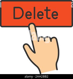 Delete button click color icon. Del. Hand pressing button. Isolated vector illustration Stock Vector
