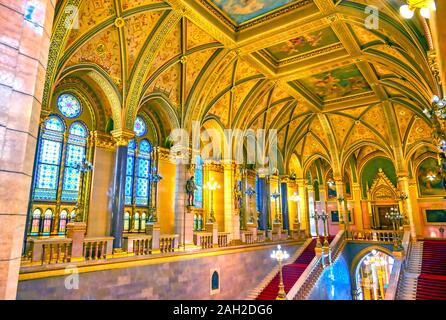 Budapest, Hungary - May 26, 2019 - The interior of the Hungarian Parliament Building in Budapest, Hungary. Stock Photo