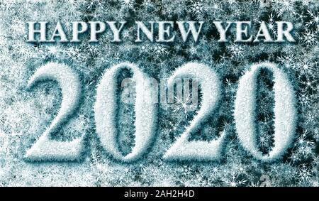 3D illustration of Happy New Year and the year 2020 formed from snow flakes laying on the ground. 3D illustration Stock Photo