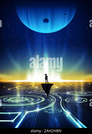 An imagery illustration in vector art of a woman standing on the floating rock waiting for revealing of something at the horizon. Stock Vector