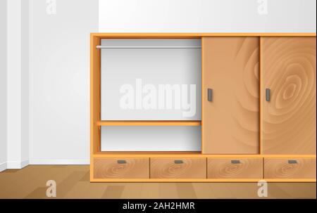 wooden wardrobe and wooden showcase in the white room Stock Photo