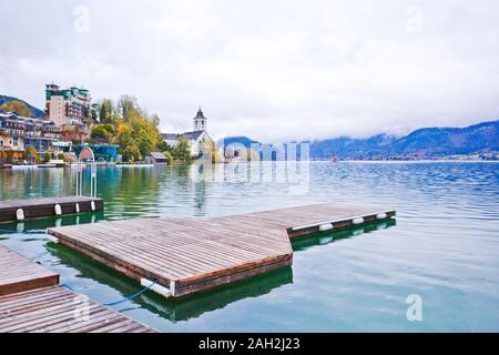 View on the lakefront of the city of Sankt Wolfgang, Austria, as seen from lake Wolfgangsee. Stock Photo