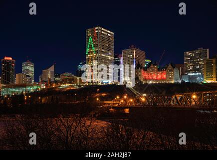 The night view of downtown in Edmonton, Alberta, Canada in December. Stock Photo