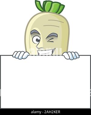 Grinning white radish cartoon character style hides behind a board Stock Vector