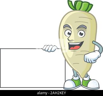 cute white radish cartoon character with a board Stock Vector